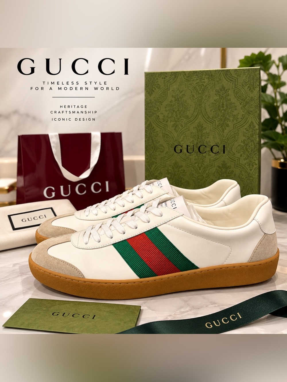 Gucci White Leather Sneakers with Green & Red Web Stripe